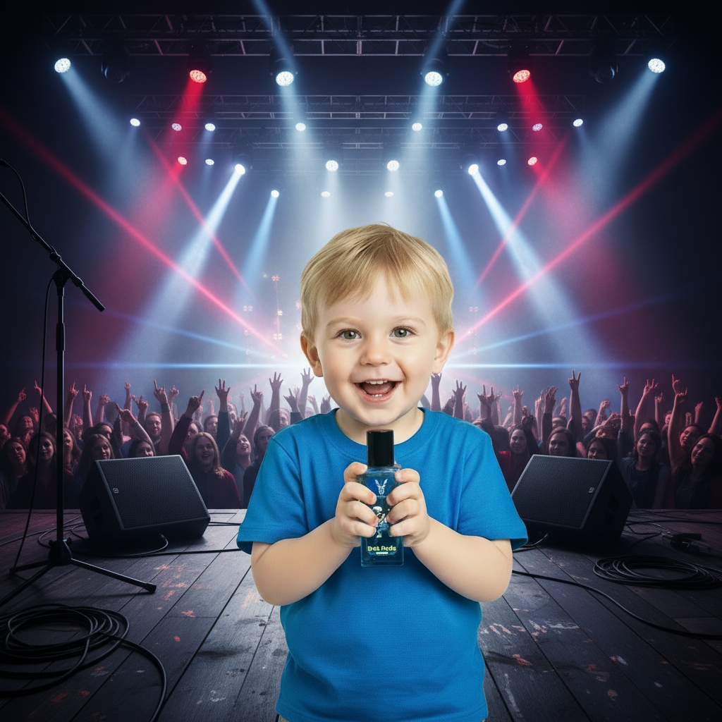 Child on a stage with lights and audience, holding a Perfume Bottle