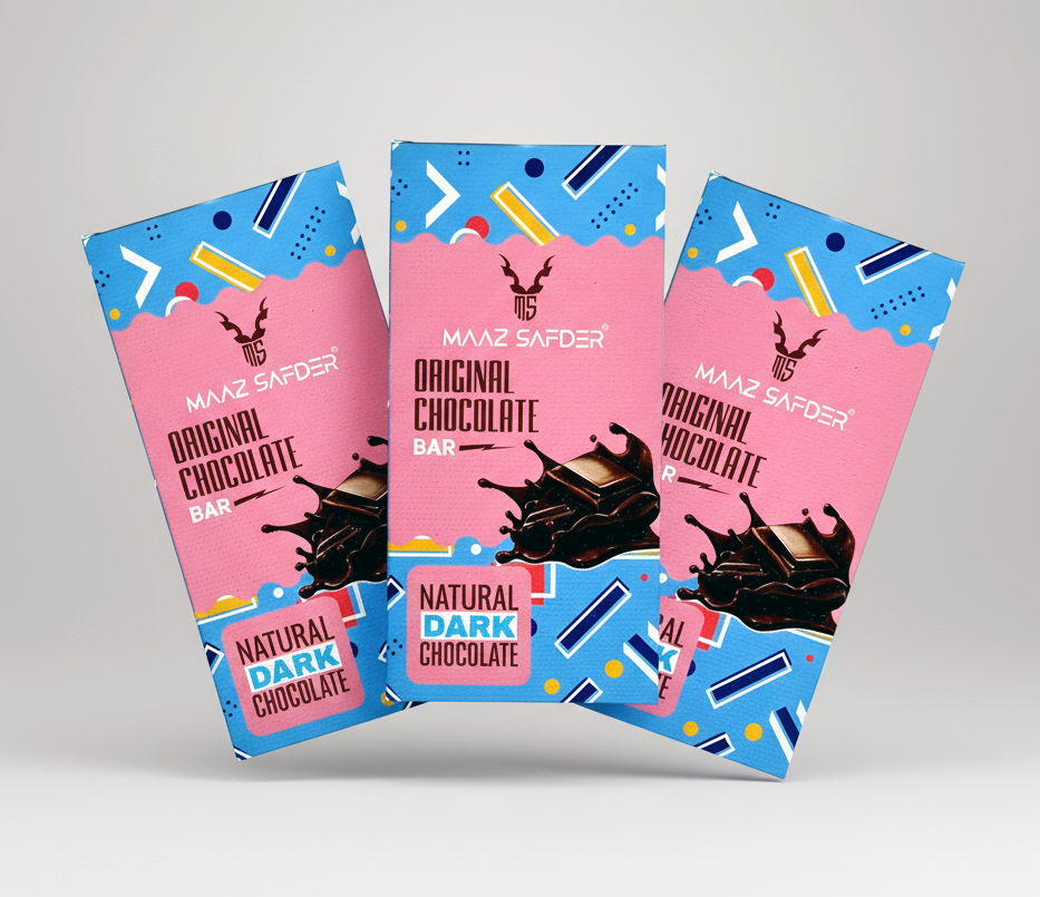 Three chocolate bars with colorful packaging on a gray background