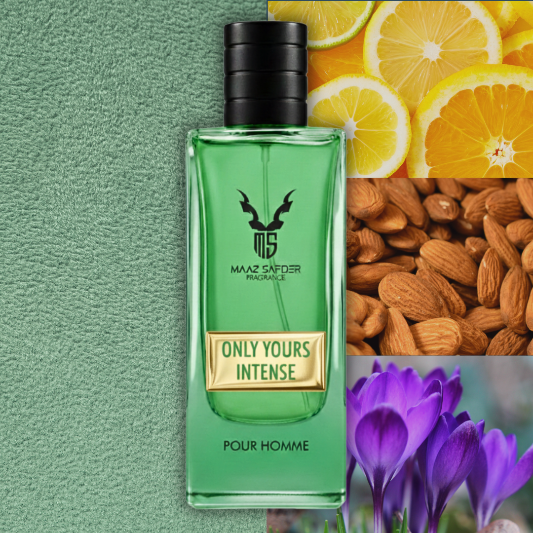 Green perfume bottle labeled 'Only Yours Intense' with citrus fruits, almonds, and flowers on a textured green background.