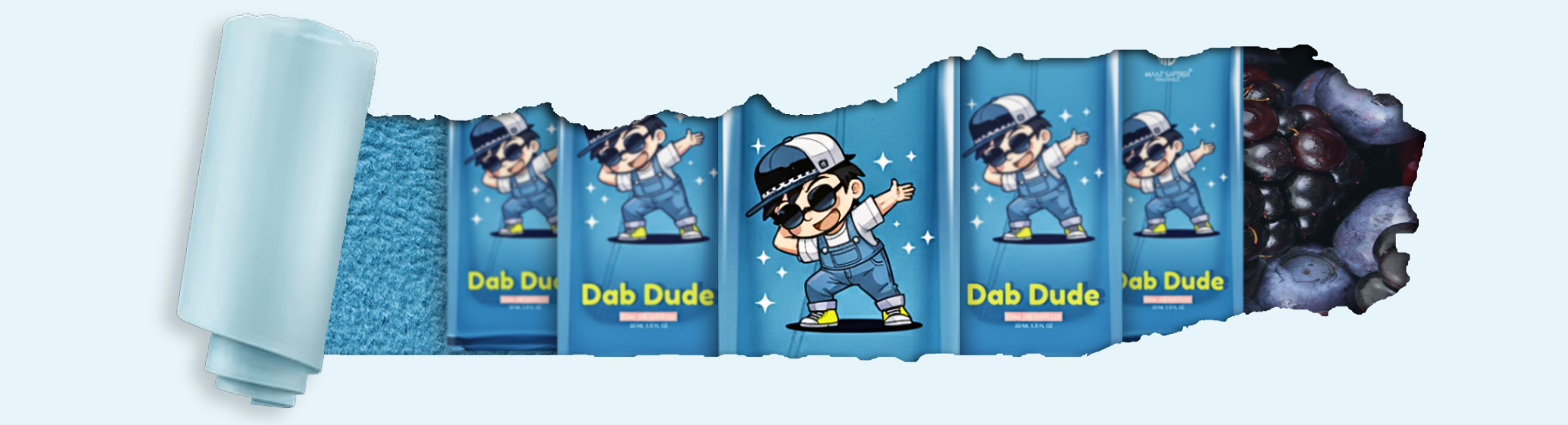 Roll of blue paper with 'Deb Dude' branding on a light blue background