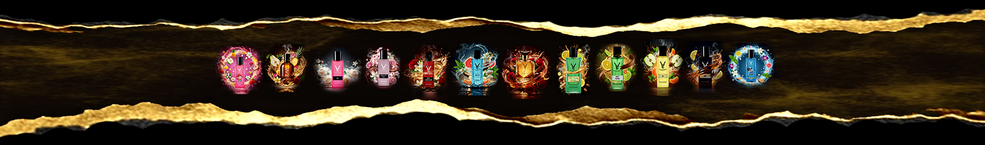Row of colorful Maaz Safder Perfumes on a dark background