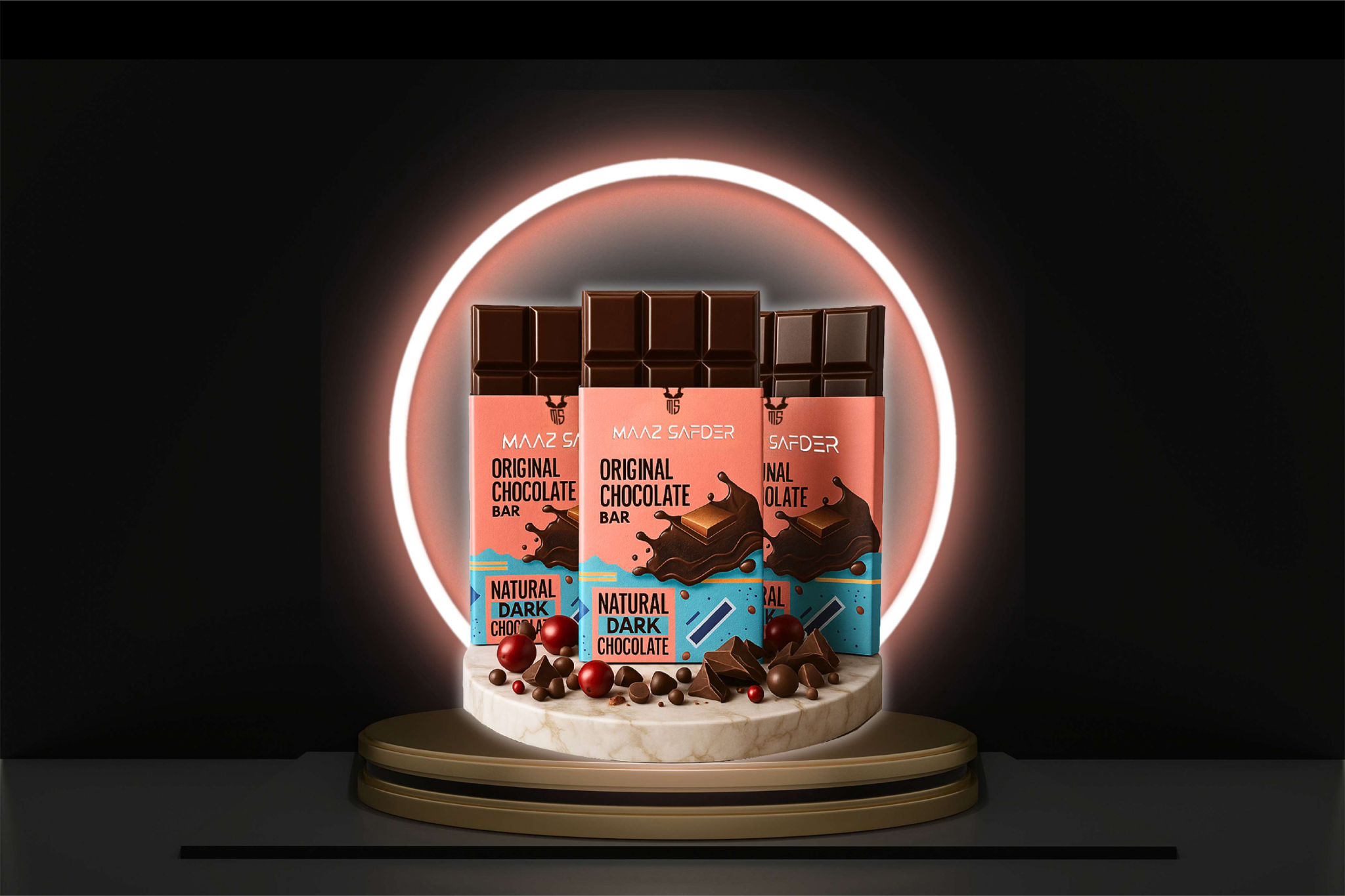 Chocolate bars on a stand with a glowing circular light on a black background