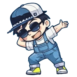 Cartoon character wearing a blue cap, sunglasses, and overalls on a white background
