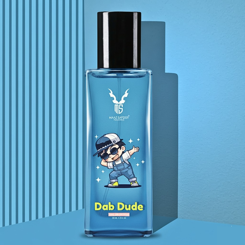 Blue perfume bottle with cartoon character on a blue background