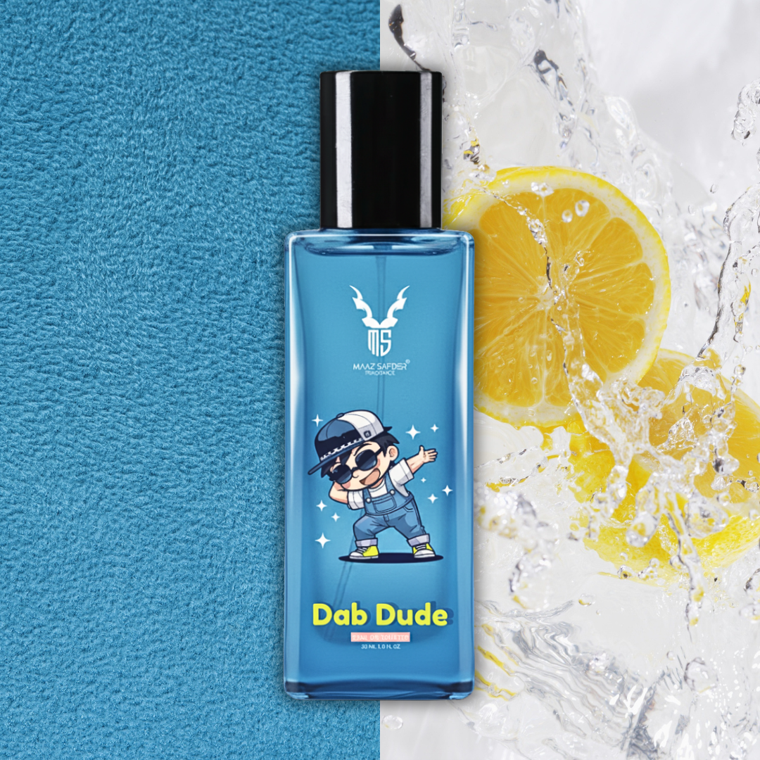 Blue perfume bottle labeled 'Dab Dude' with a cartoon character on a blue and white background with lemon slices.