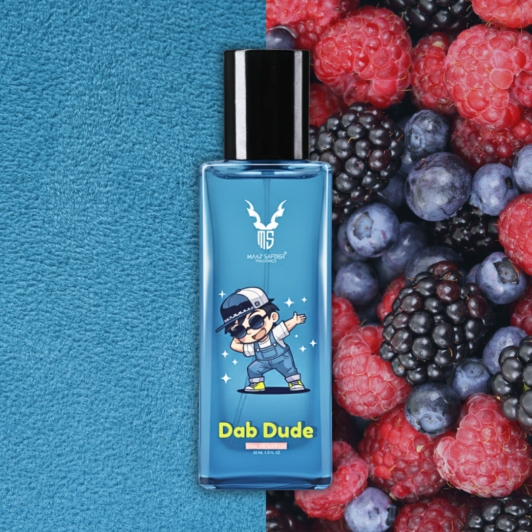Blue perfume bottle with cartoon character labeled 'Dab Dude' next to berries on a blue background