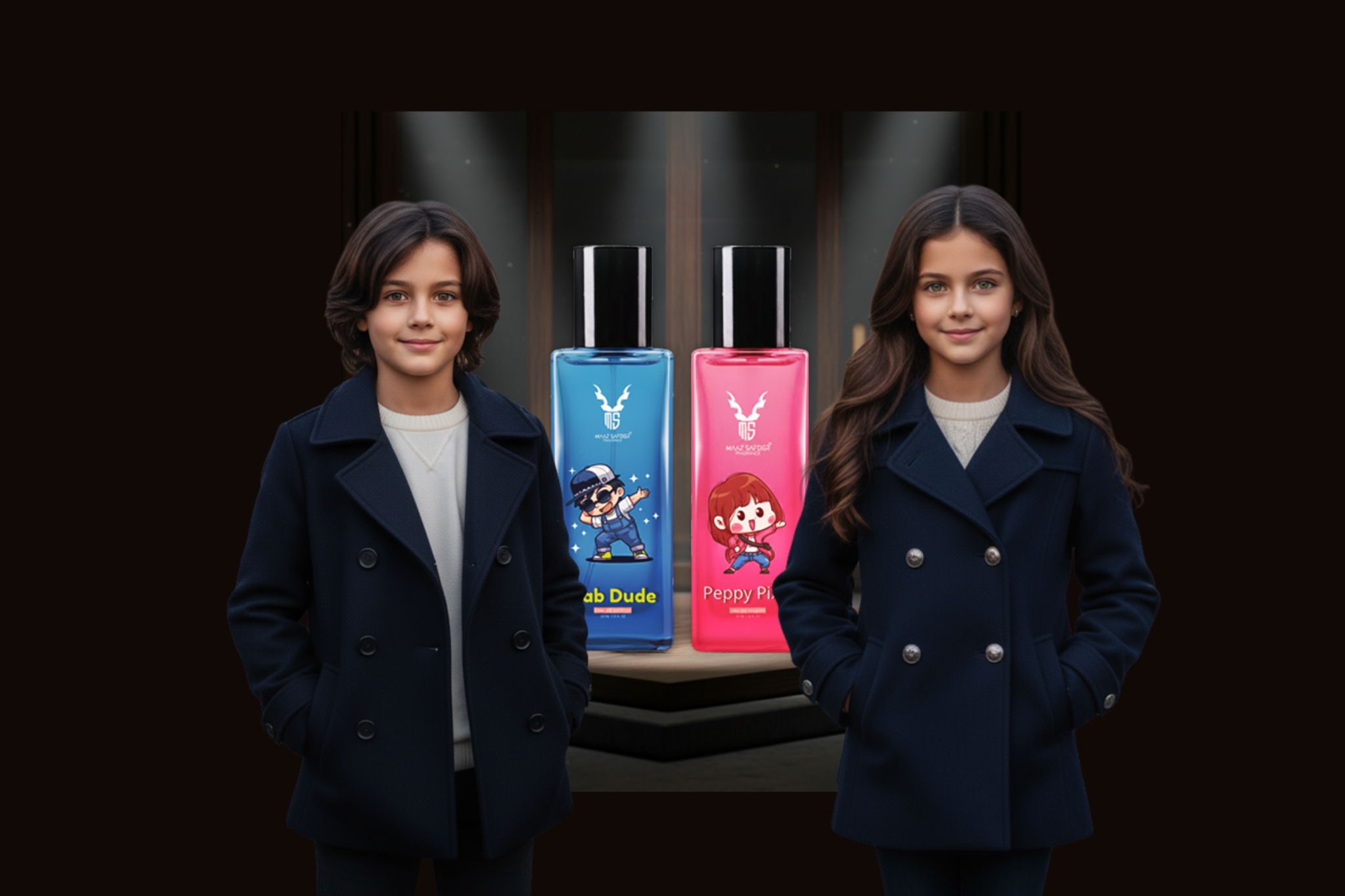 Two children in dark coats standing in front of two colorful bottles with cartoon characters on a black background.