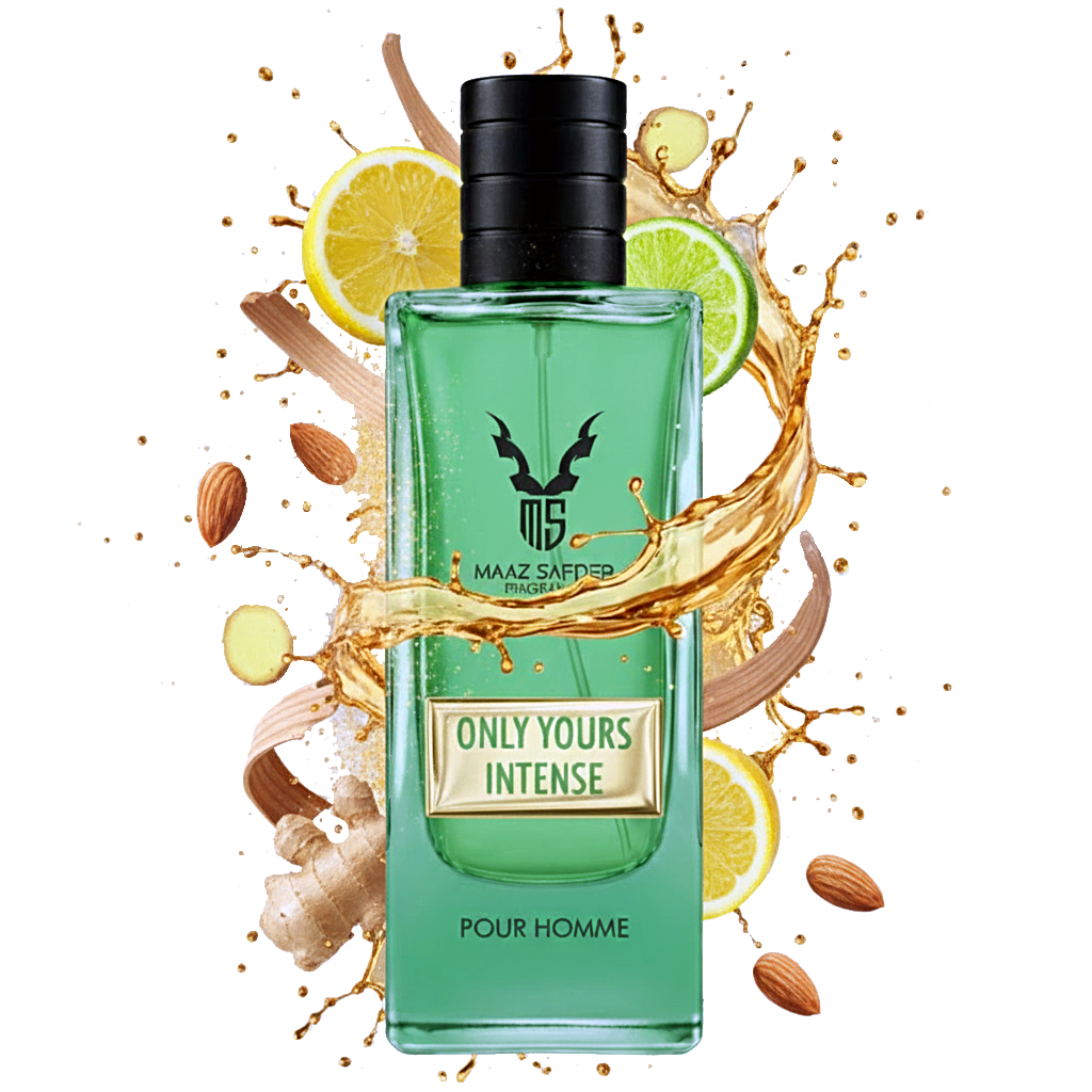 Green perfume bottle labeled 'Only Yours Intense' with splashes and ingredients on a dark background