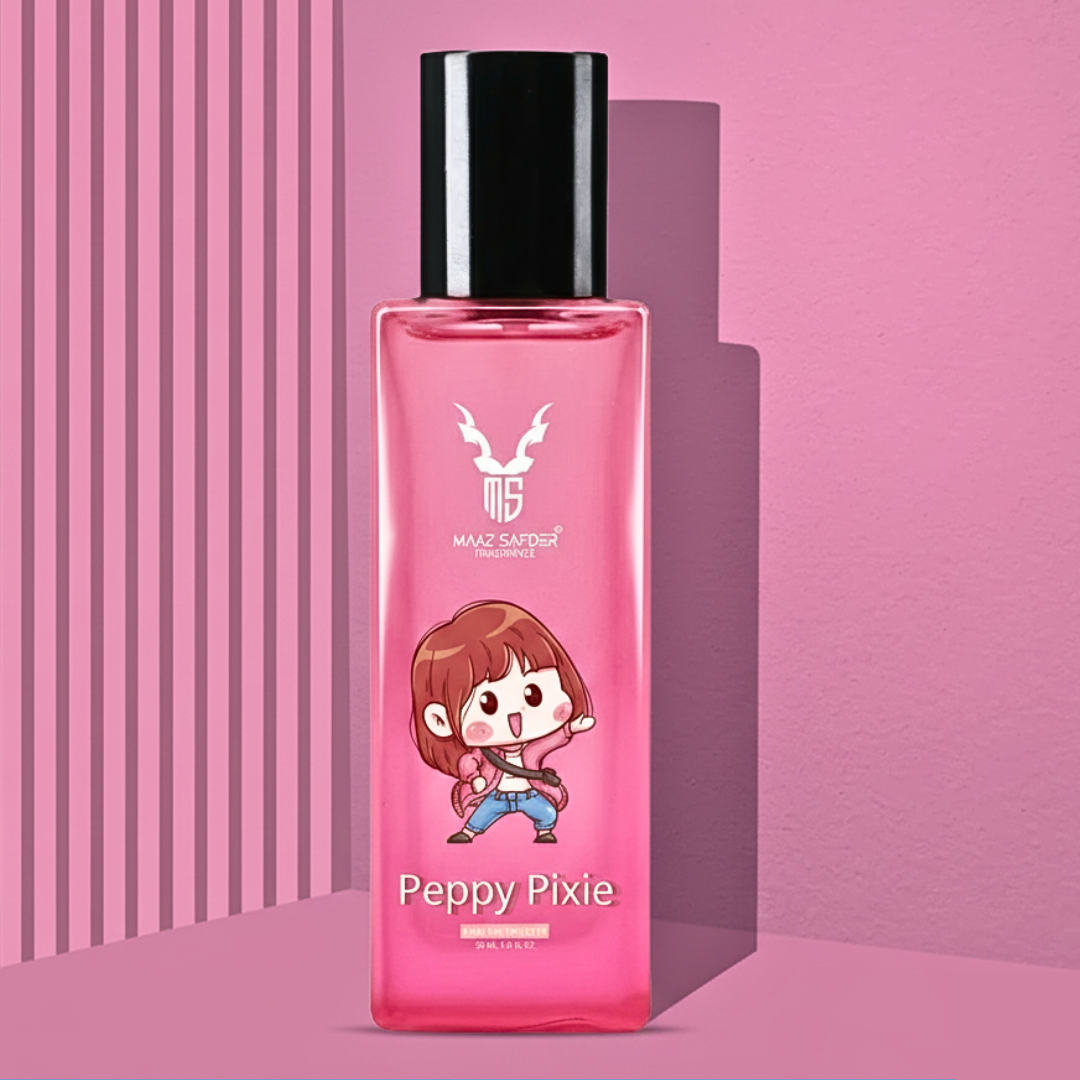 Pink perfume bottle with cartoon character on a pink background