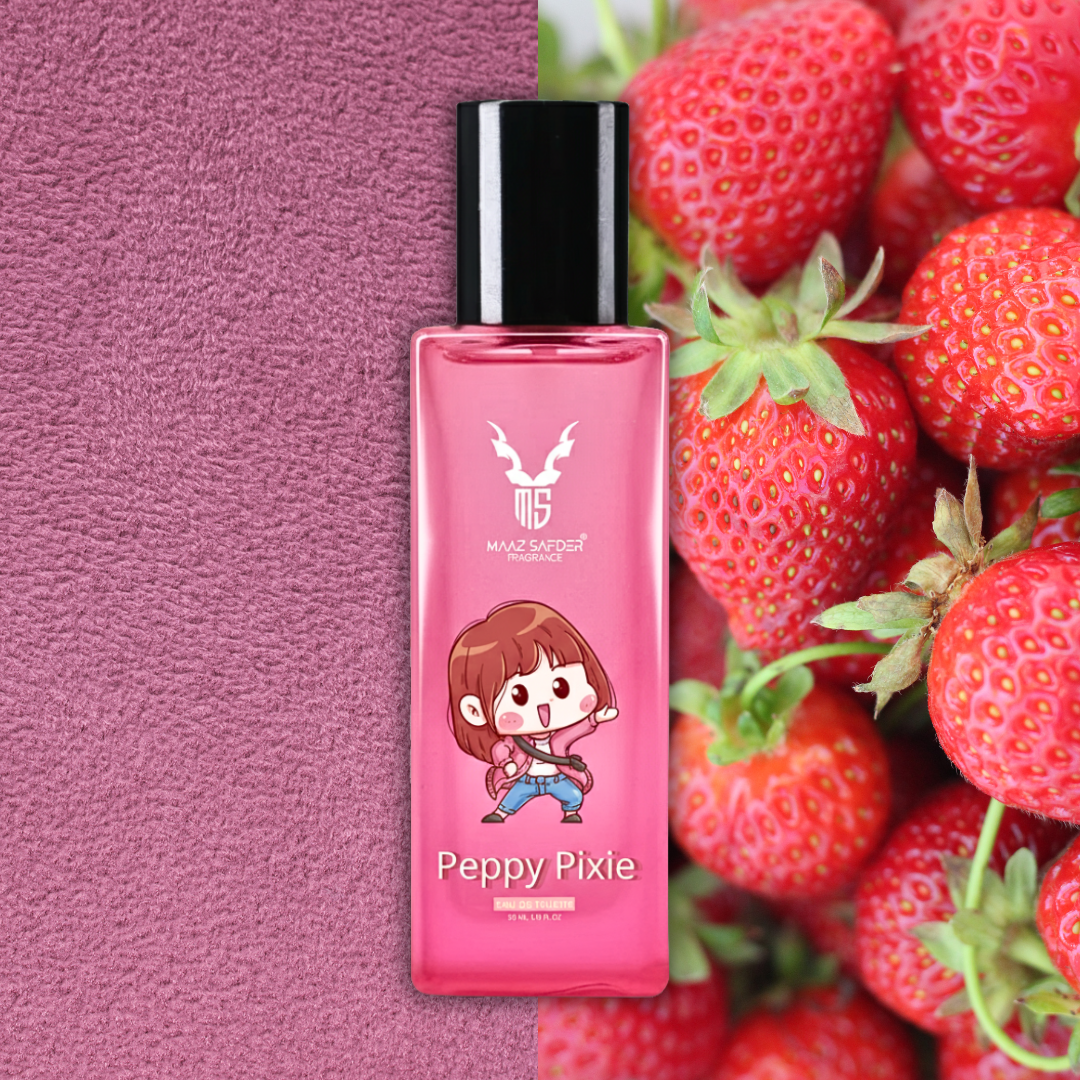Pink bottle labeled 'Peppy Pixie' with cartoon character surrounded by strawberries on a pink background