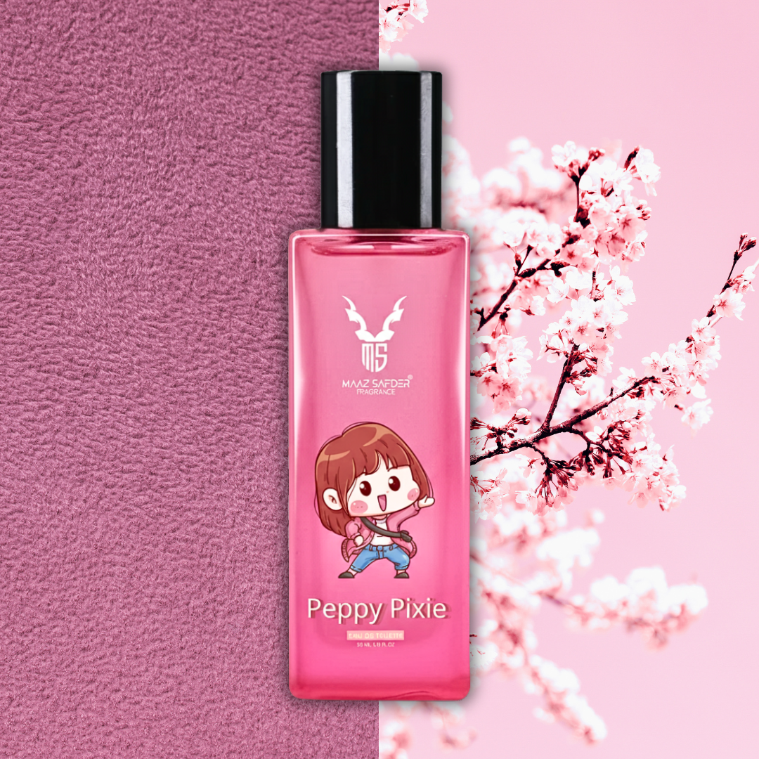 Pink perfume bottle with cartoon character on a pink and purple gradient background with cherry blossoms.