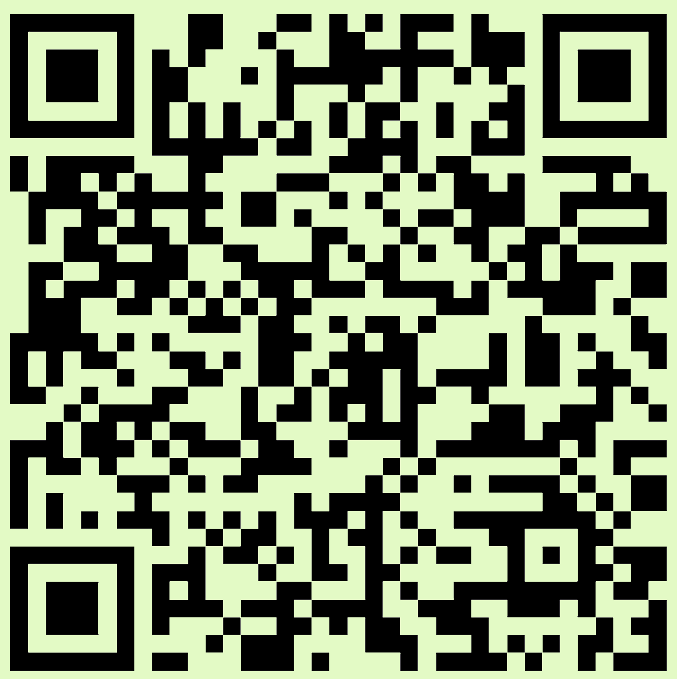 Black QR code on a light green background