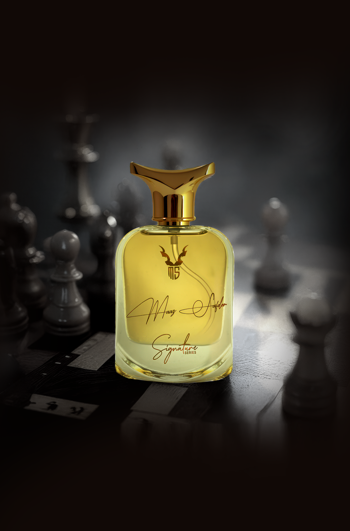 Perfume bottle with gold cap on a chessboard
