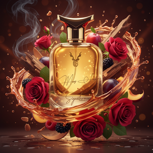 Perfume bottle with red roses and berries on a dark background