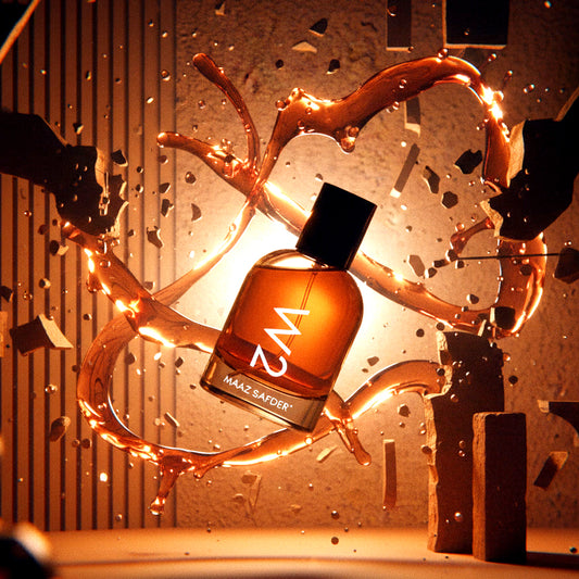 Bottle of M2 Madam Sander perfume with decorative antlers and warm lighting