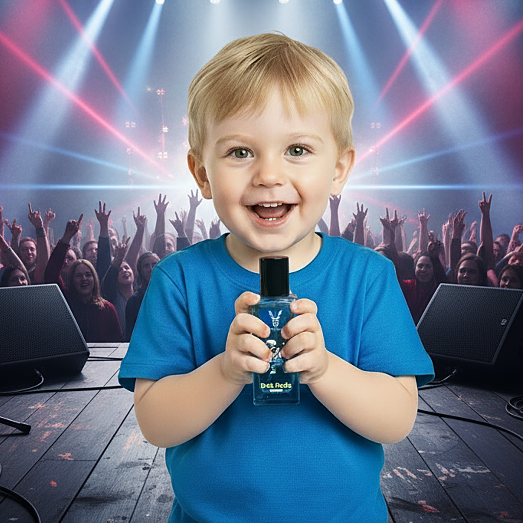Child on a stage with lights and audience, holding a microphone