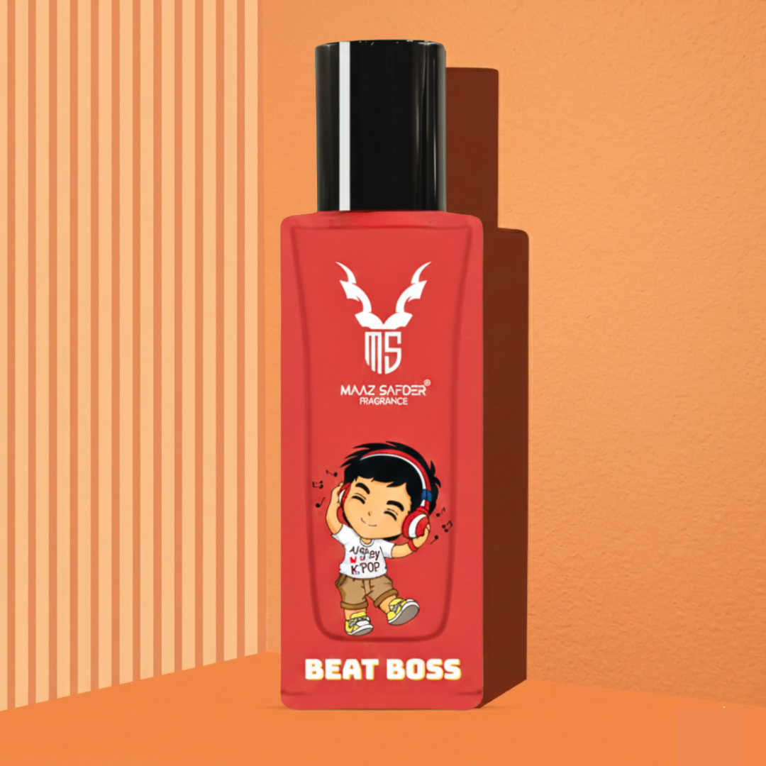 A red rectangular bottle of MAXX SAFER INSPIRANCE 'BEAT BOSS' product with a black cap, featuring a cartoon graphic of a boy with headphones, set against a warm orange background with vertical stripes.
