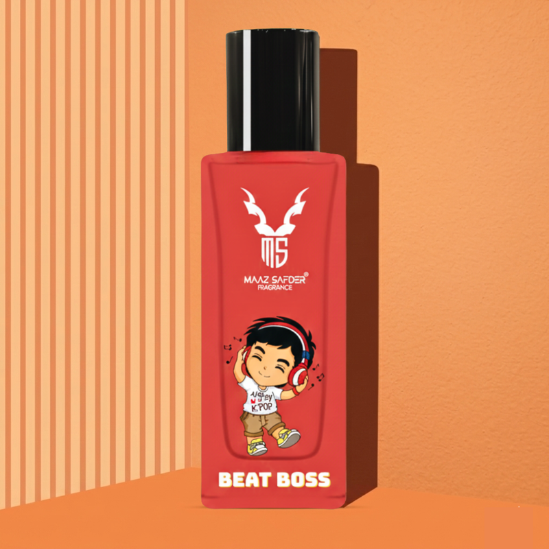 A red rectangular bottle of MAXX SAFER INSPIRANCE 'BEAT BOSS' product with a black cap, featuring a cartoon graphic of a boy with headphones, set against a warm orange background with vertical stripes.