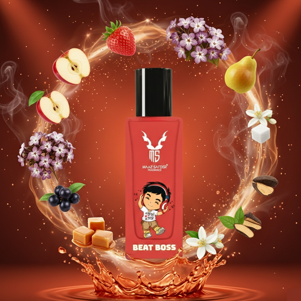 A red bottle labeled 'BEAT BOSS' with a cartoon character and the brand name 'MAX SKINNY' is centered against a fiery orange-brown background. The bottle is surrounded by floating fruit slices, flowers, nuts, and a splash of amber liquid, with smoke effects around the scene.