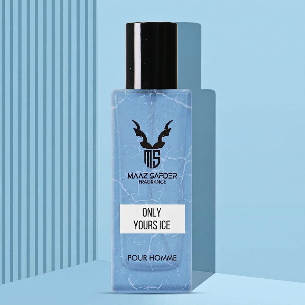 A rectangular bottle of MAAZ SAFDER FRAGRANCE with a black cap and a light blue marble-textured label reading 'ONLY YOURS ICE' and 'POUR HOMME', set against a light blue background with vertical stripes.