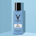 A rectangular bottle of MAAZ SAFDER FRAGRANCE with a black cap and a light blue marble-textured label reading 'ONLY YOURS ICE' and 'POUR HOMME', set against a light blue background with vertical stripes.