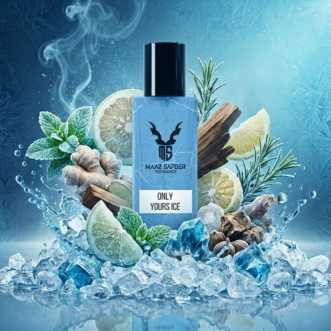 A bottle of Maxz Skader Fragrances 'Only Yours Ice' centered amidst ice cubes, lime slices, ginger, rosemary, cinnamon, and mint against a blue ice background.