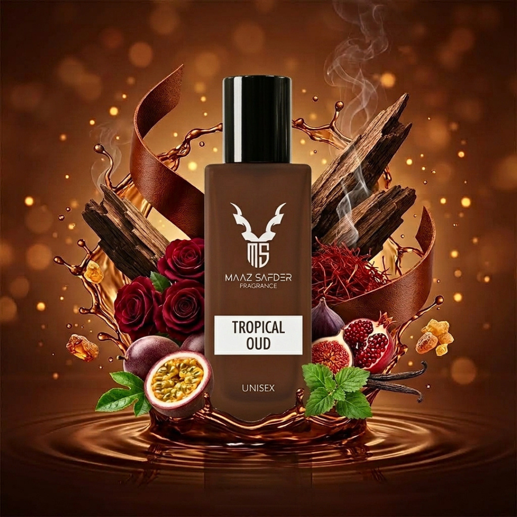 A bottle of MAZZ SADER FRAGRANCE labeled 'TROPICAL OUD' is centered against a rich, warm brown background with decorative elements including roses, passion fruit, pomegranate, vanilla, and wood chips. The bottle has a dark brown body, a black cap, and a white label.
